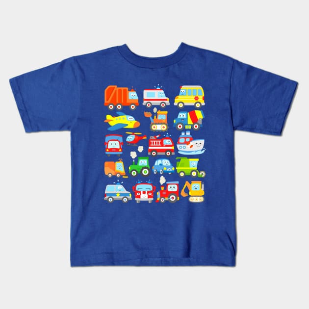 Cars and Trucks with Planes, Helicopter and Boat for Kids Kids T-Shirt by samshirts